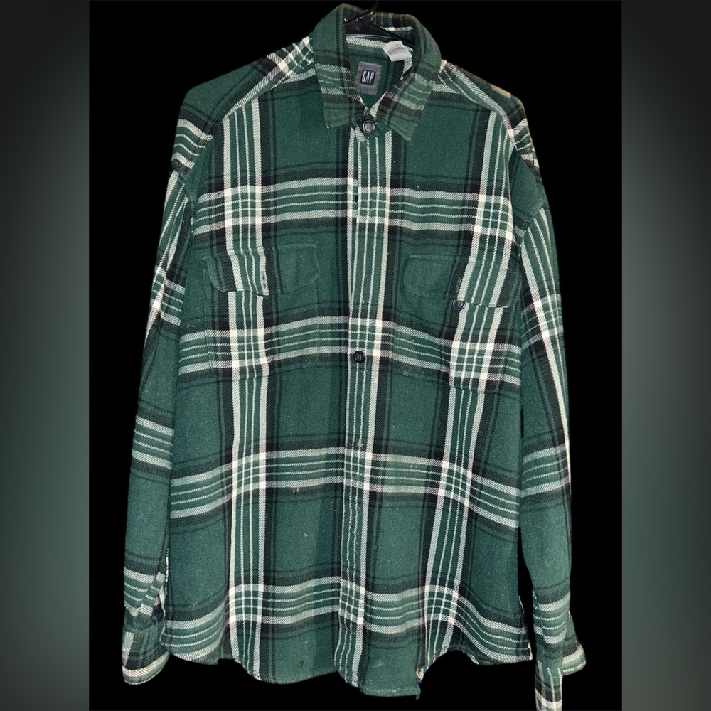 VTG Gap Green Tartan Plaid Heavy Flannel Shirt L - Grunge Workwear green plaid